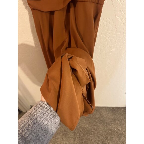 Y eShakti Retro Mocha Brown V Neck Ruched Middle Swing Midi Dress - Picture 12 of 15